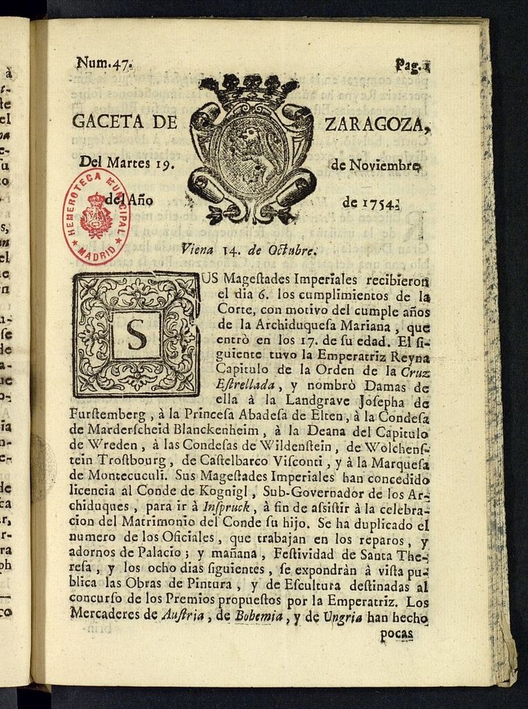 Miniatura de Gazeta de Zaragoza del 19 de noviembre de 1754