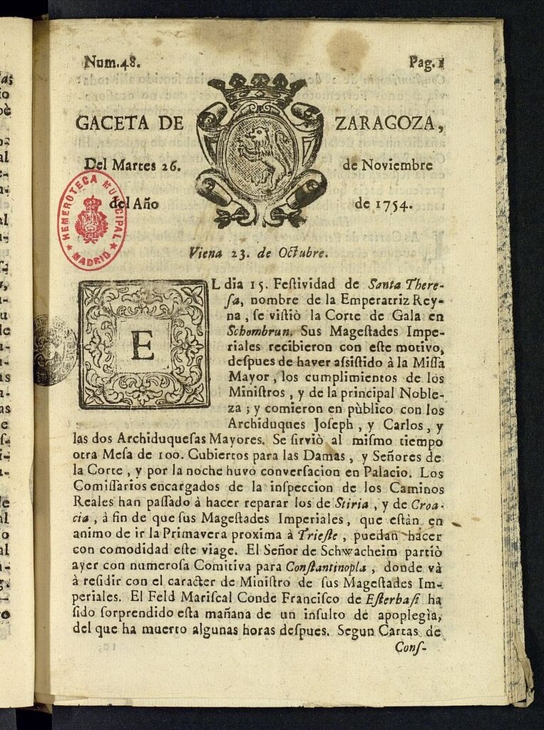 Miniatura de Gazeta de Zaragoza del 26 de noviembre de 1754