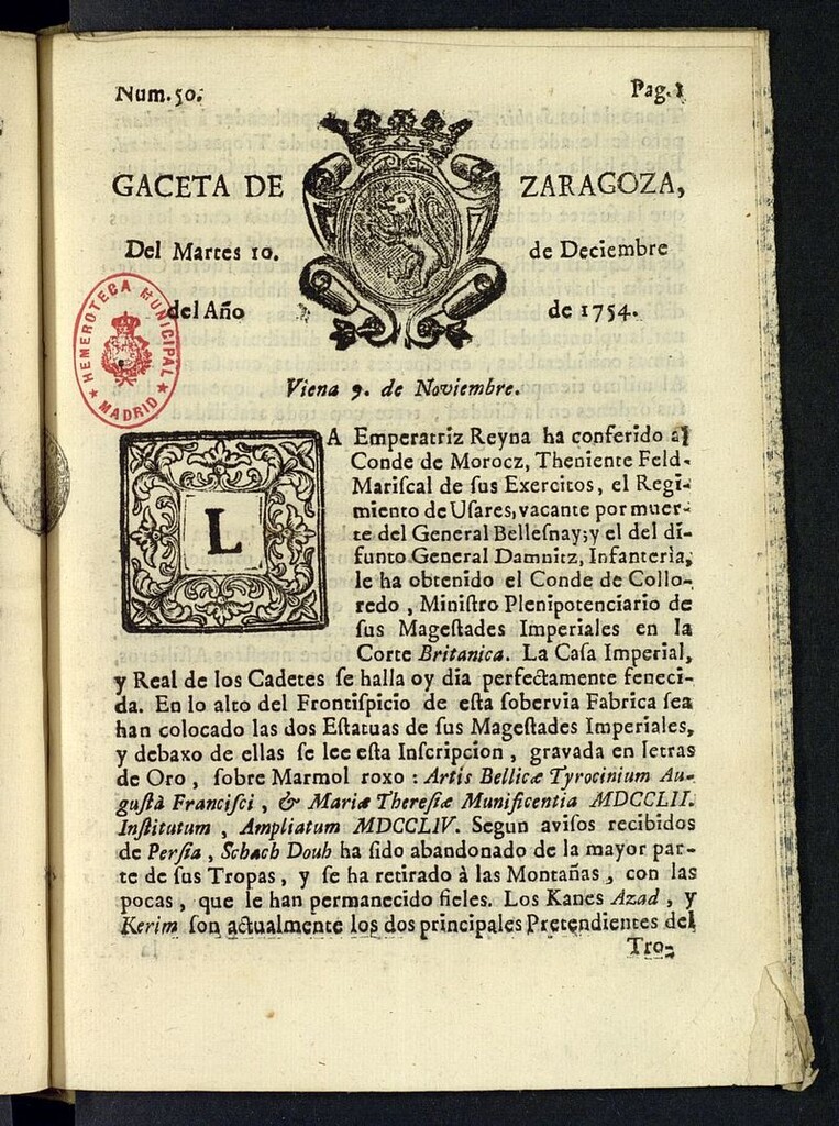 Miniatura de Gazeta de Zaragoza del 10 de diciembre de 1754