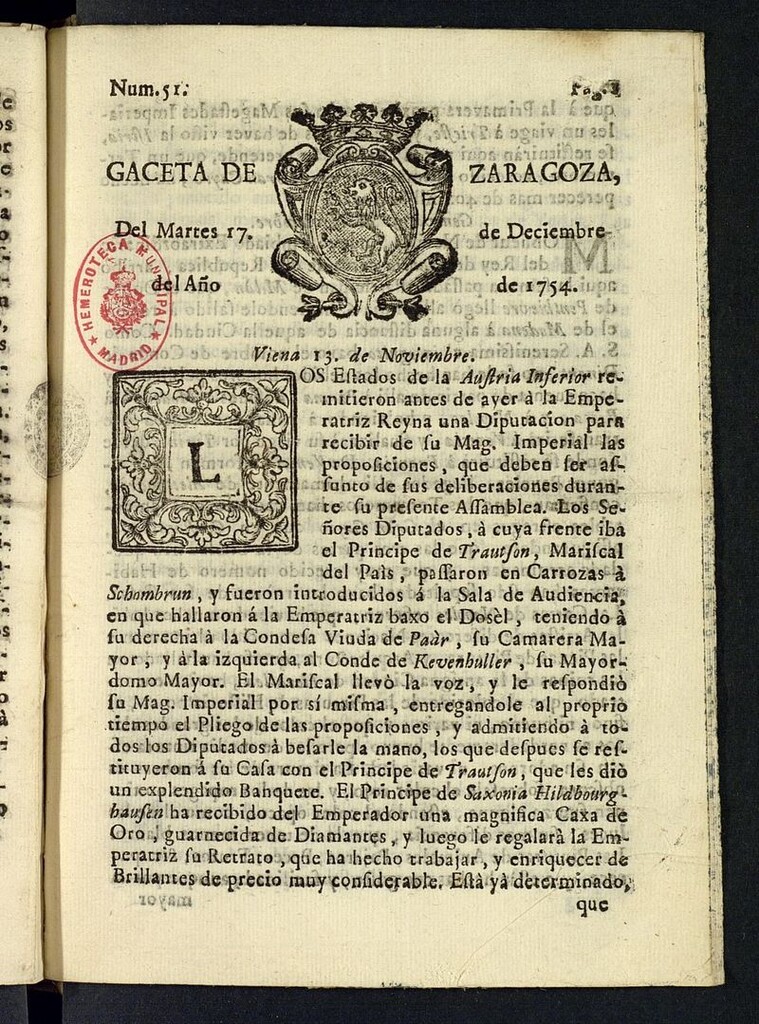 Miniatura de Gazeta de Zaragoza del 17 de diciembre de 1754