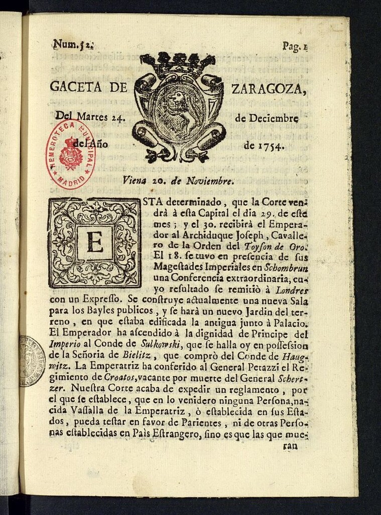 Miniatura de Gazeta de Zaragoza del 24 de diciembre de 1754