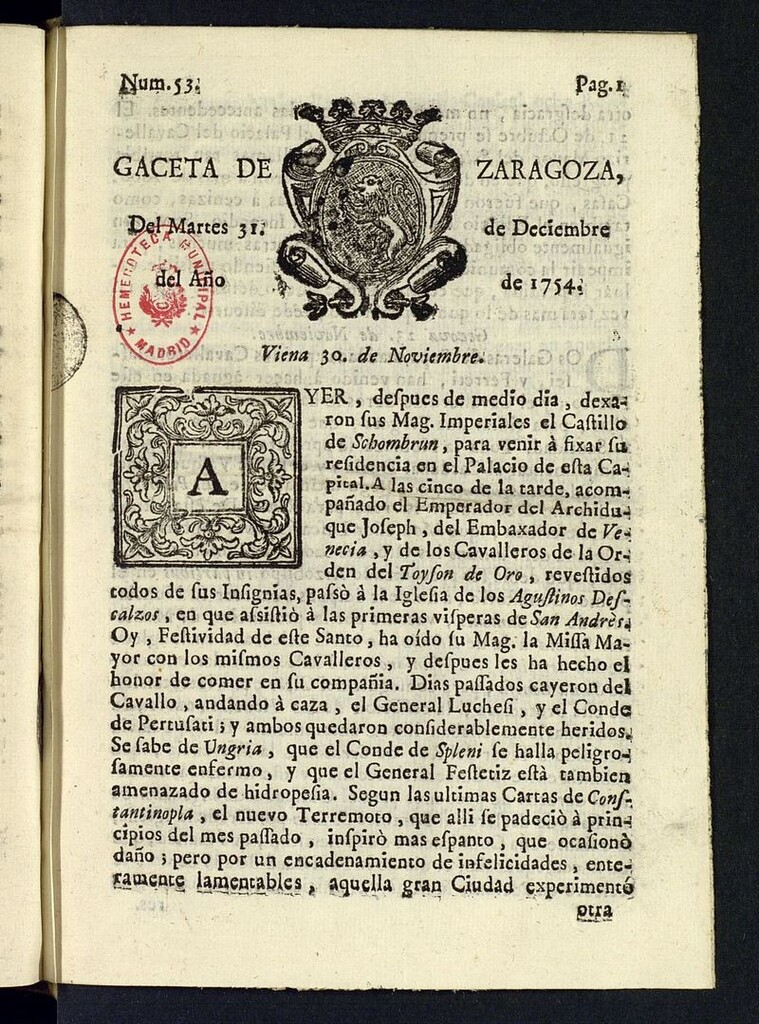 Miniatura de Gazeta de Zaragoza del 31 de diciembre de 1754