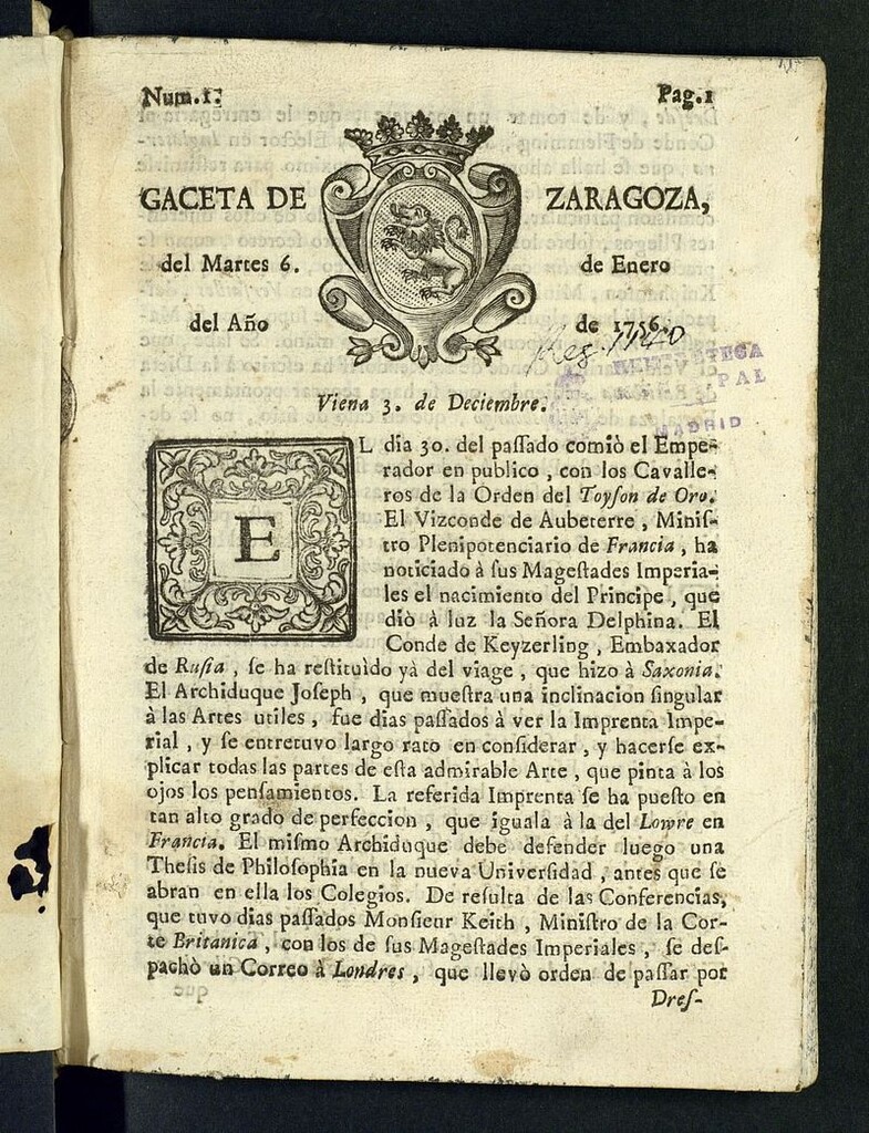 Miniatura de Gazeta de Zaragoza del 6 de enero de 1756