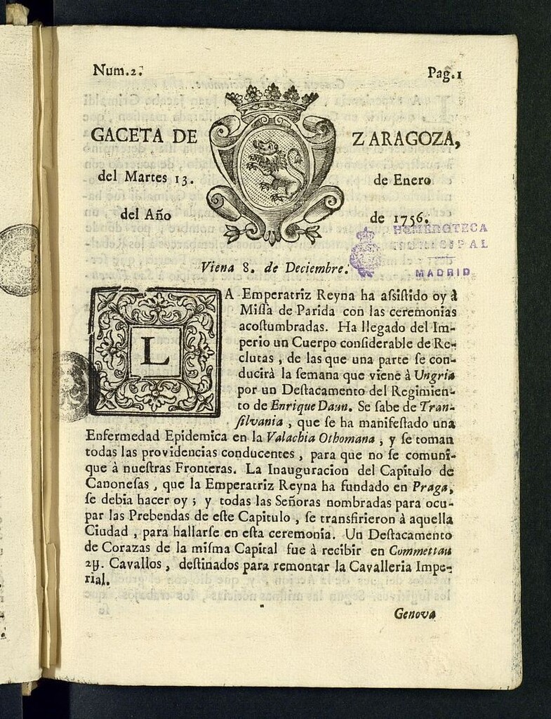 Miniatura de Gazeta de Zaragoza del 13 de enero de 1756