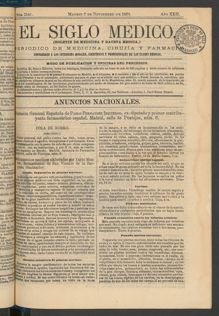 Miniatura de El Siglo Médico: boletín de medicina y gaceta médica del 7 de noviembre de 1875