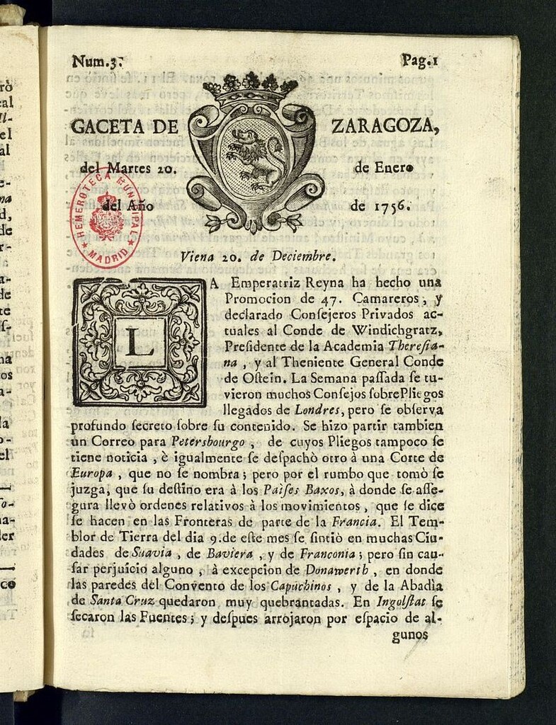 Miniatura de Gazeta de Zaragoza del 20 de enero de 1756