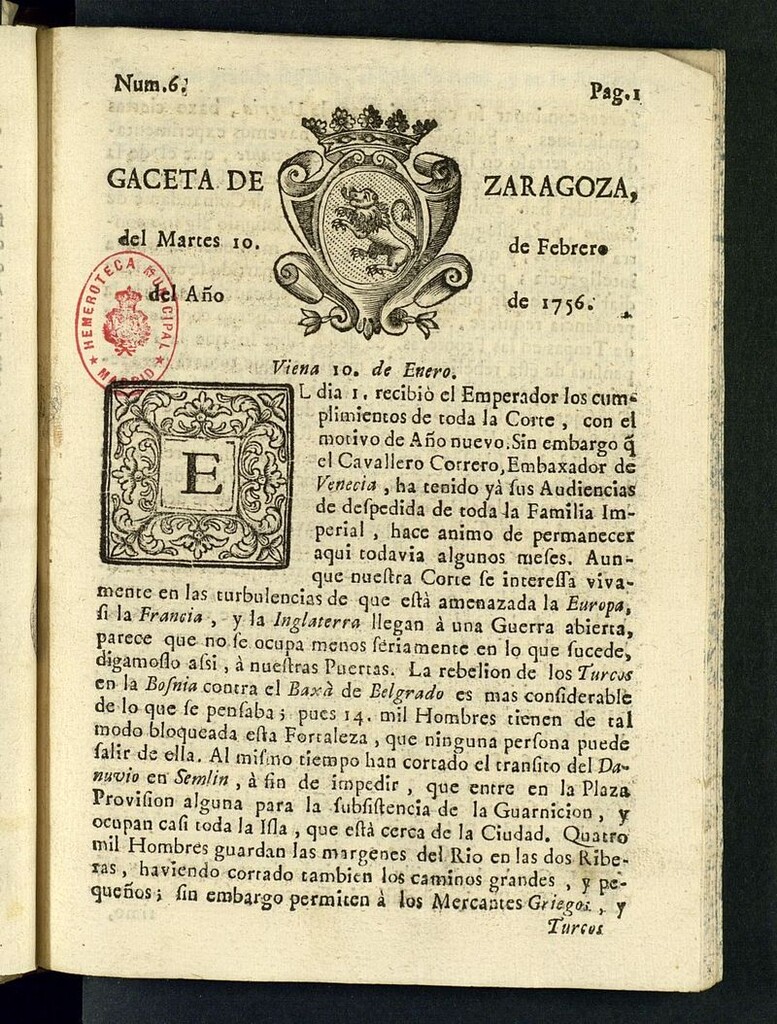 Miniatura de Gazeta de Zaragoza del 10 de febrero de 1756