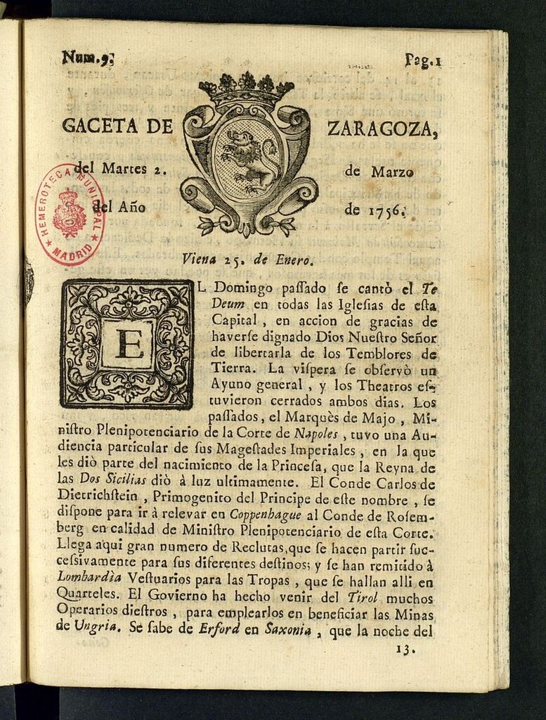 Miniatura de Gazeta de Zaragoza del 2 de marzo de 1756