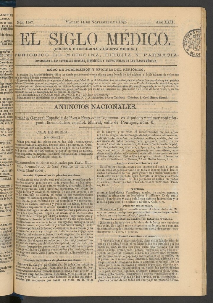 Miniatura de El Siglo Médico: boletín de medicina y gaceta médica del 14 de noviembre de 1875