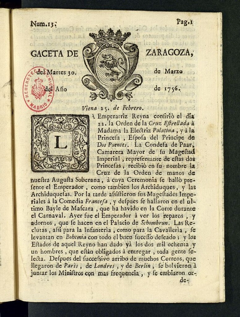 Miniatura de Gazeta de Zaragoza del 30 de marzo de 1756