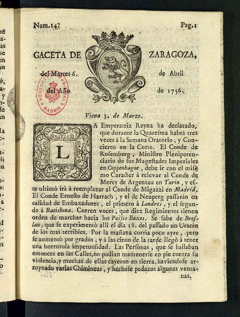 Miniatura de Gazeta de Zaragoza del 6 de abril de 1756