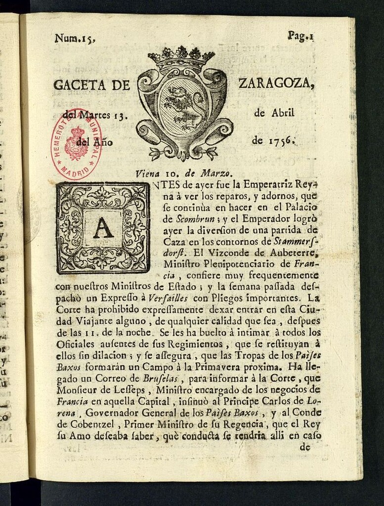 Miniatura de Gazeta de Zaragoza del 13 de abril de 1756