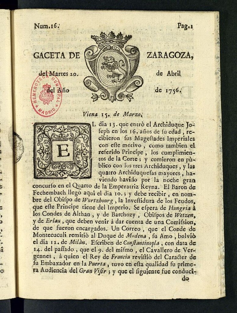 Miniatura de Gazeta de Zaragoza del 20 de abril de 1756