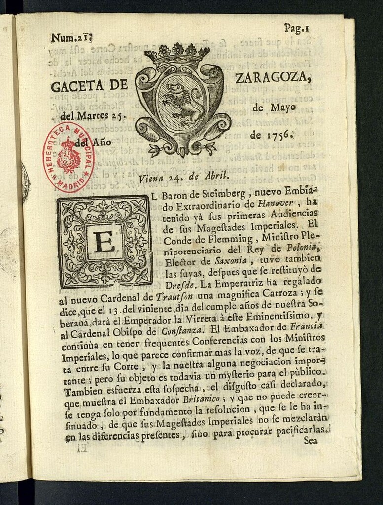 Miniatura de Gazeta de Zaragoza del 25 de mayo de 1756