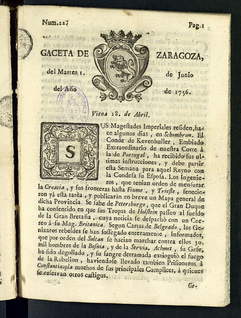 Miniatura de Gazeta de Zaragoza del 1 de junio de 1756