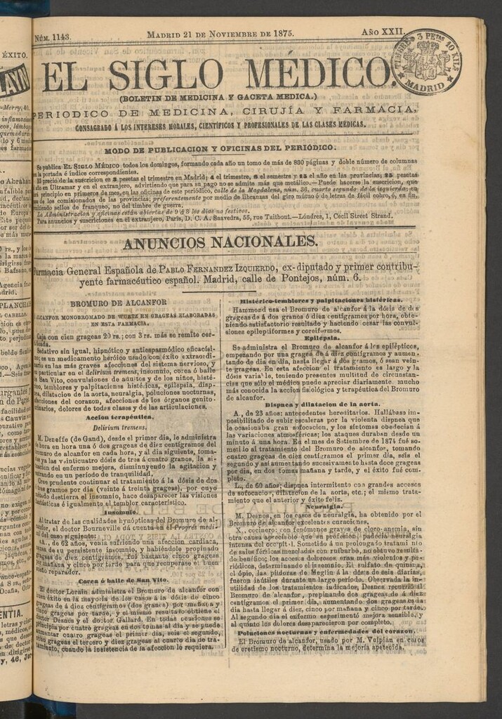 Miniatura de El Siglo Médico: boletín de medicina y gaceta médica del 21 de noviembre de 1875
