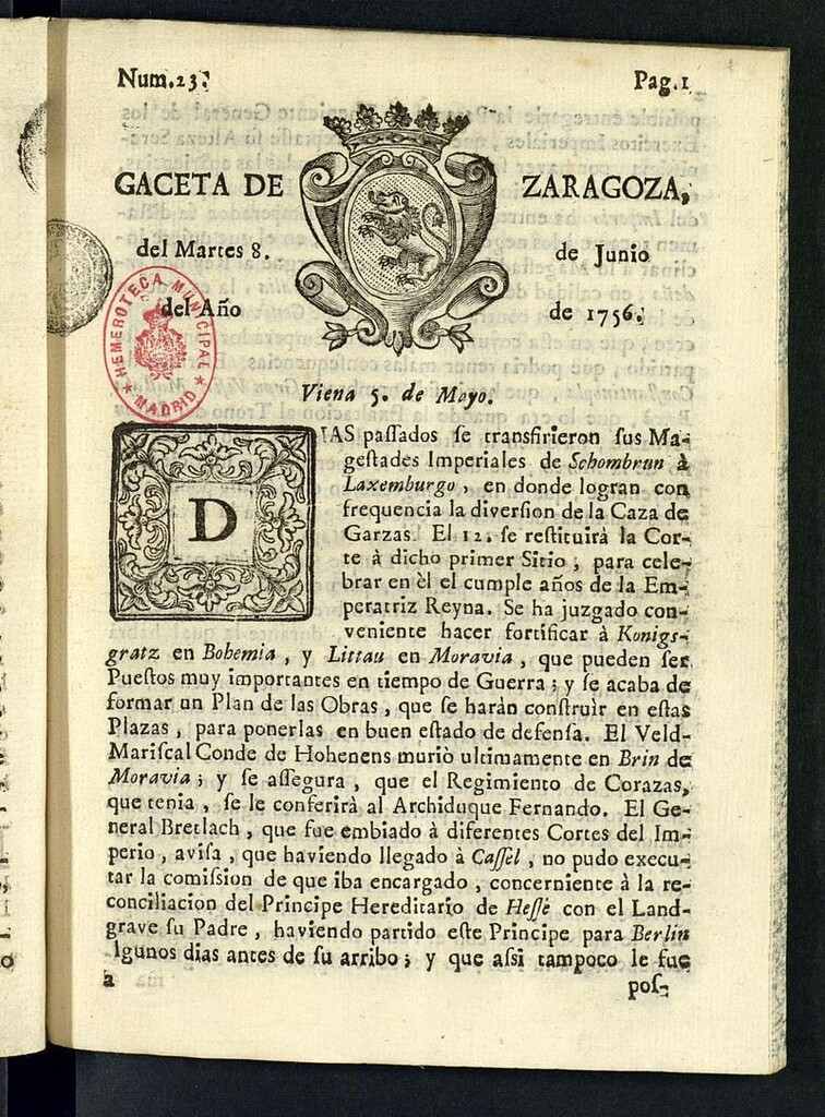 Miniatura de Gazeta de Zaragoza del 8 de junio de 1756
