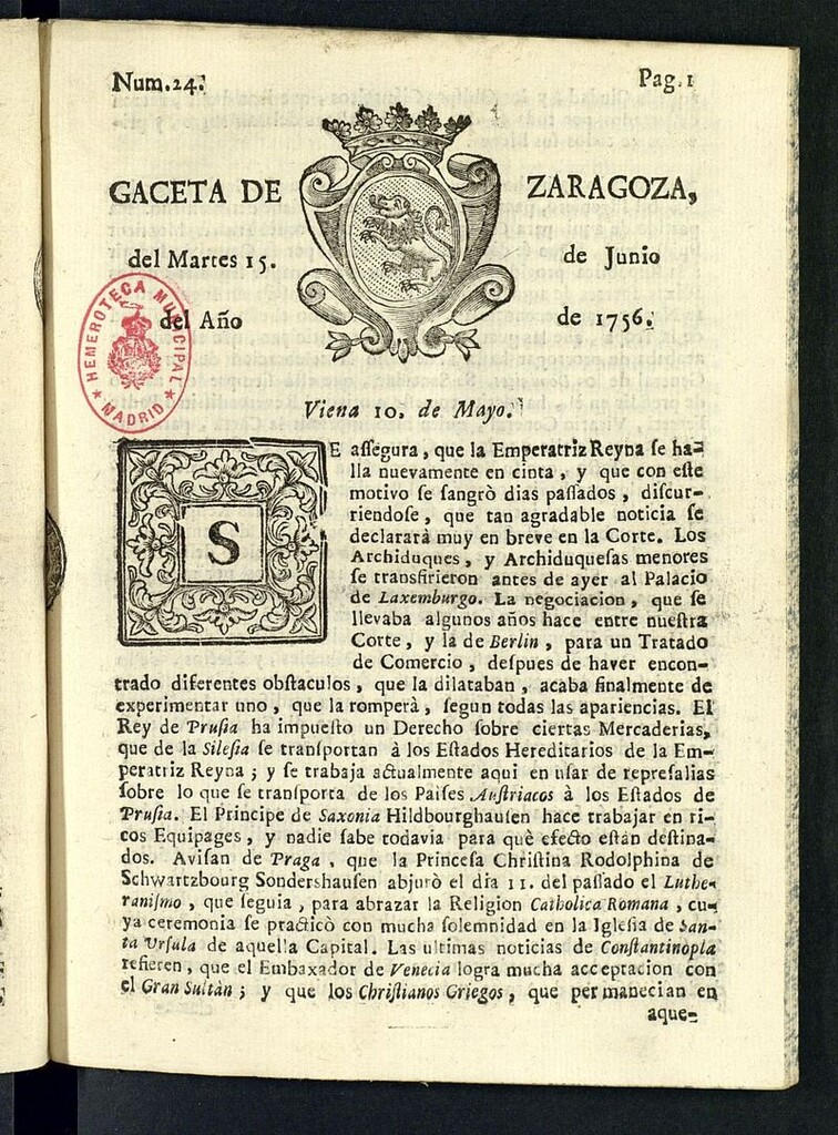 Miniatura de Gazeta de Zaragoza del 15 de junio de 1756