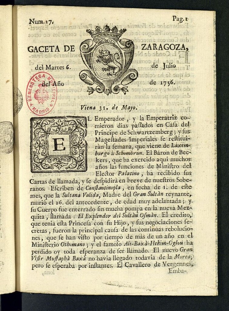 Miniatura de Gazeta de Zaragoza del 6 de julio de 1756