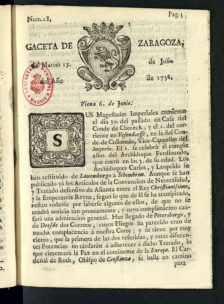 Miniatura de Gazeta de Zaragoza del 13 de julio de 1756