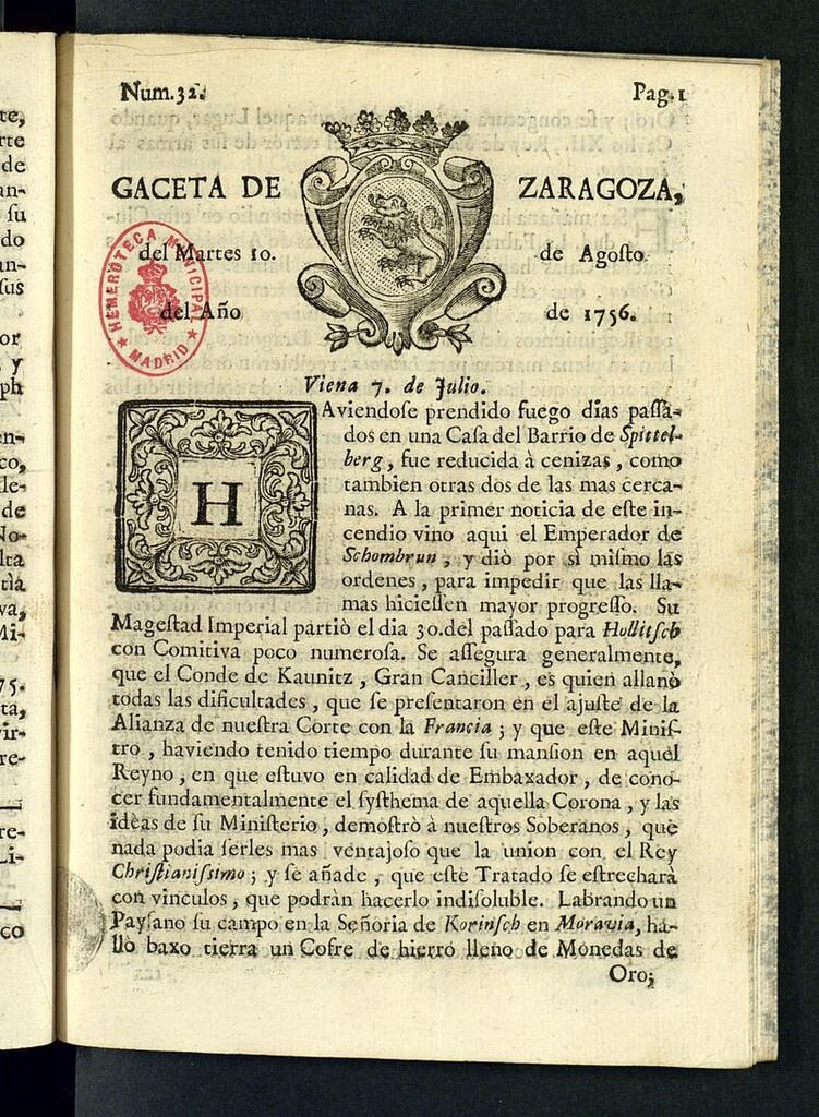 Miniatura de Gazeta de Zaragoza del 10 de agosto de 1756