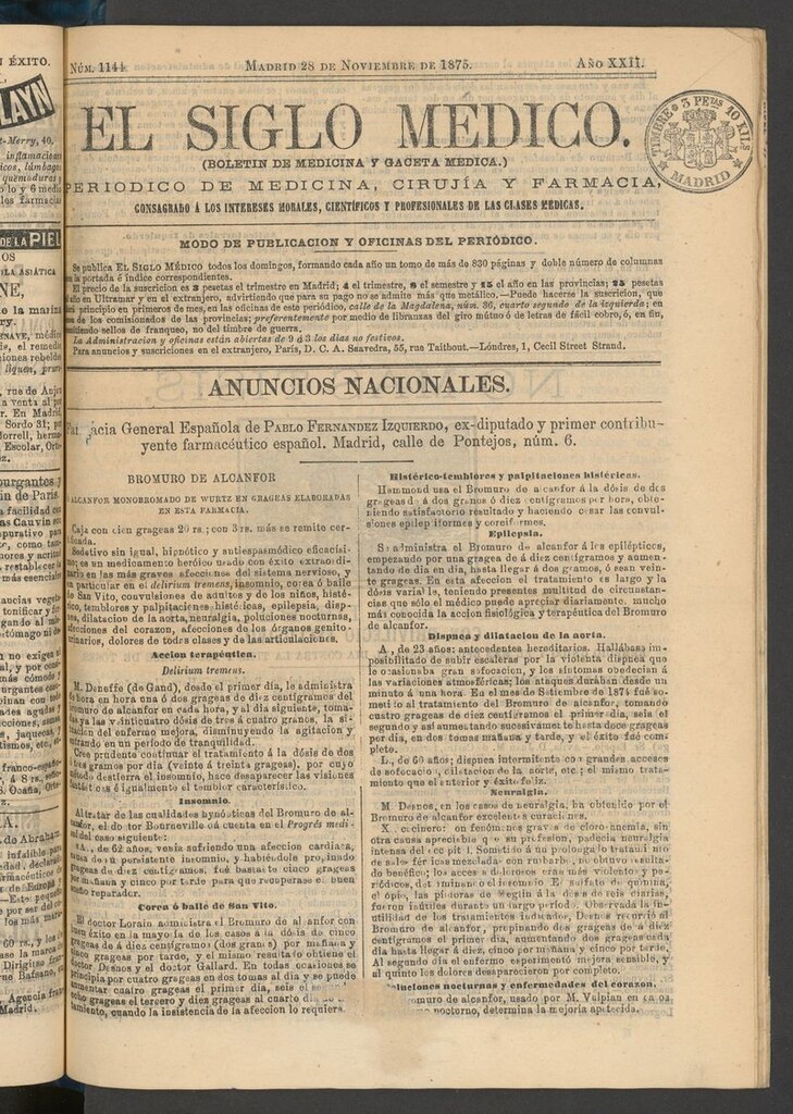 Miniatura de El Siglo Médico: boletín de medicina y gaceta médica del 28 de noviembre de 1875