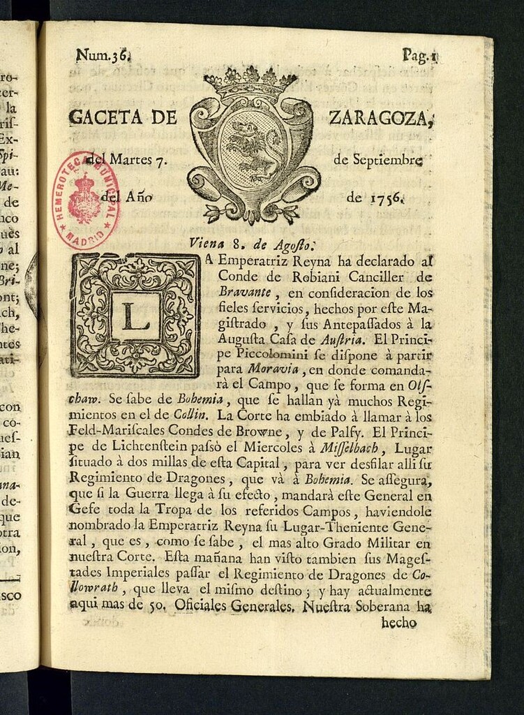 Miniatura de Gazeta de Zaragoza del 7 de septiembre de 1756
