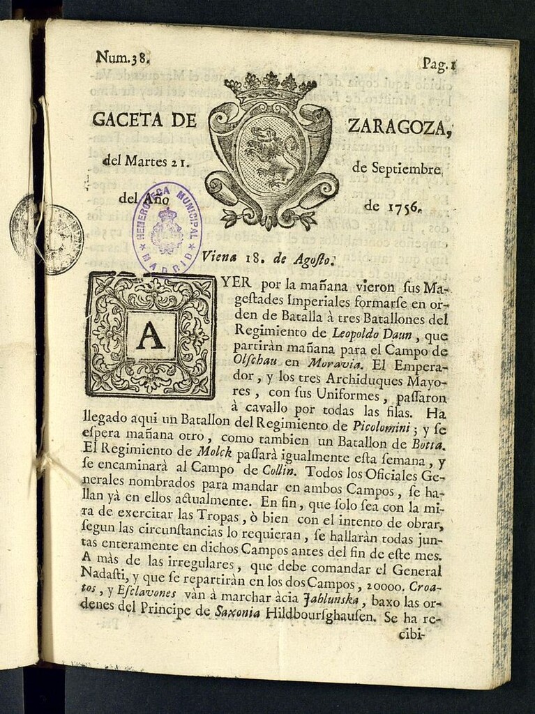 Miniatura de Gazeta de Zaragoza del 21 de septiembre de 1756