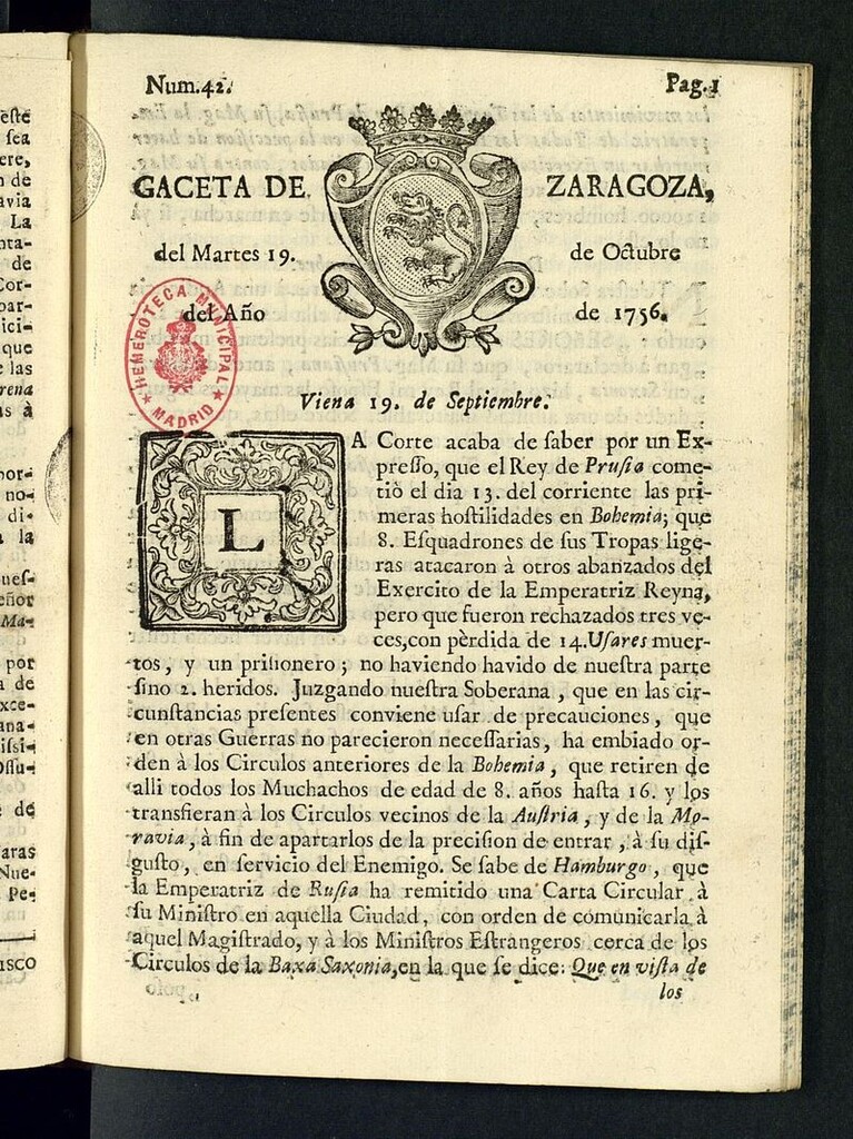 Miniatura de Gazeta de Zaragoza del 19 de octubre de 1756