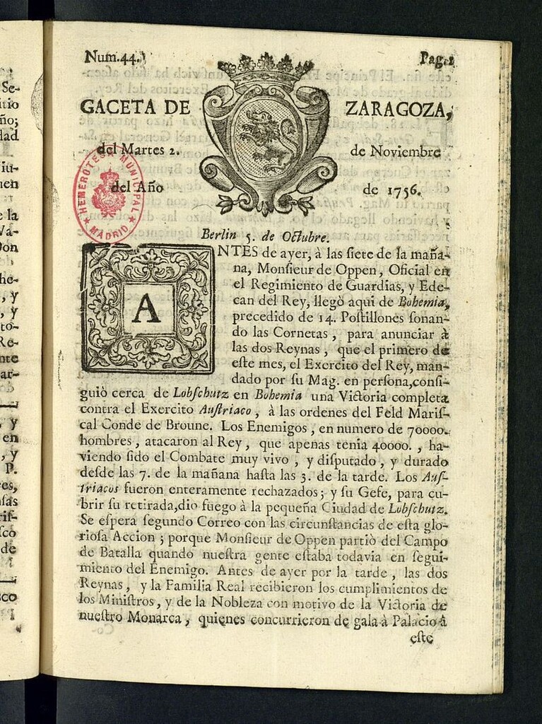 Miniatura de Gazeta de Zaragoza del 2 de noviembre de 1756