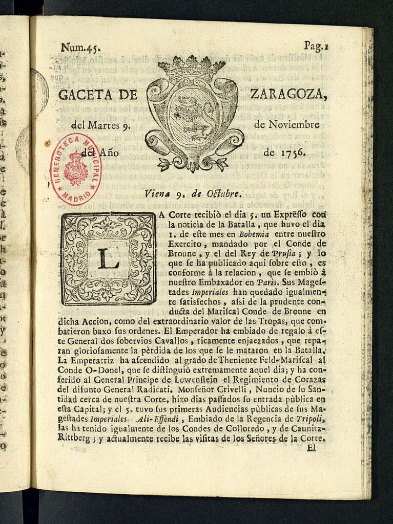 Miniatura de Gazeta de Zaragoza del 9 de noviembre de 1756
