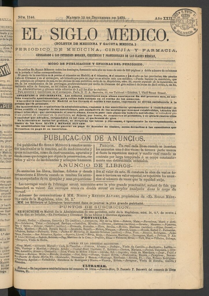 Miniatura de El Siglo Médico: boletín de medicina y gaceta médica del 12 de diciembre de 1875