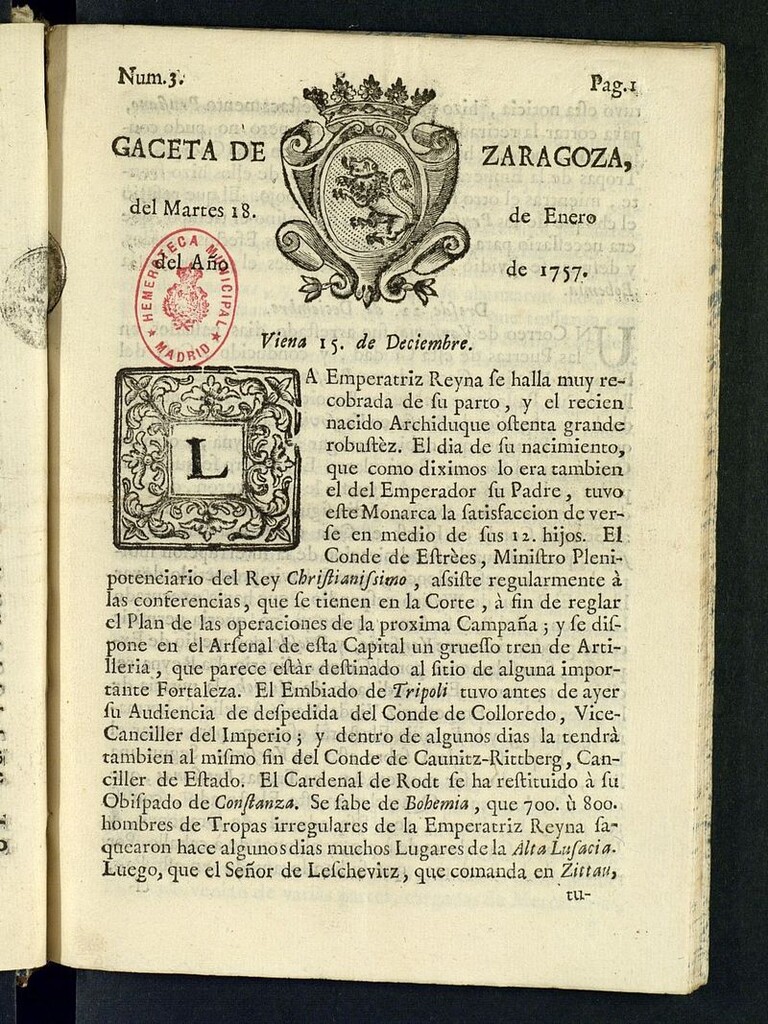 Miniatura de Gazeta de Zaragoza del 18 de enero de 1757