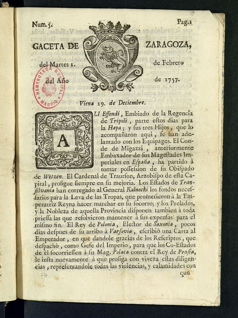 Miniatura de Gazeta de Zaragoza del 1 de febrero de 1757