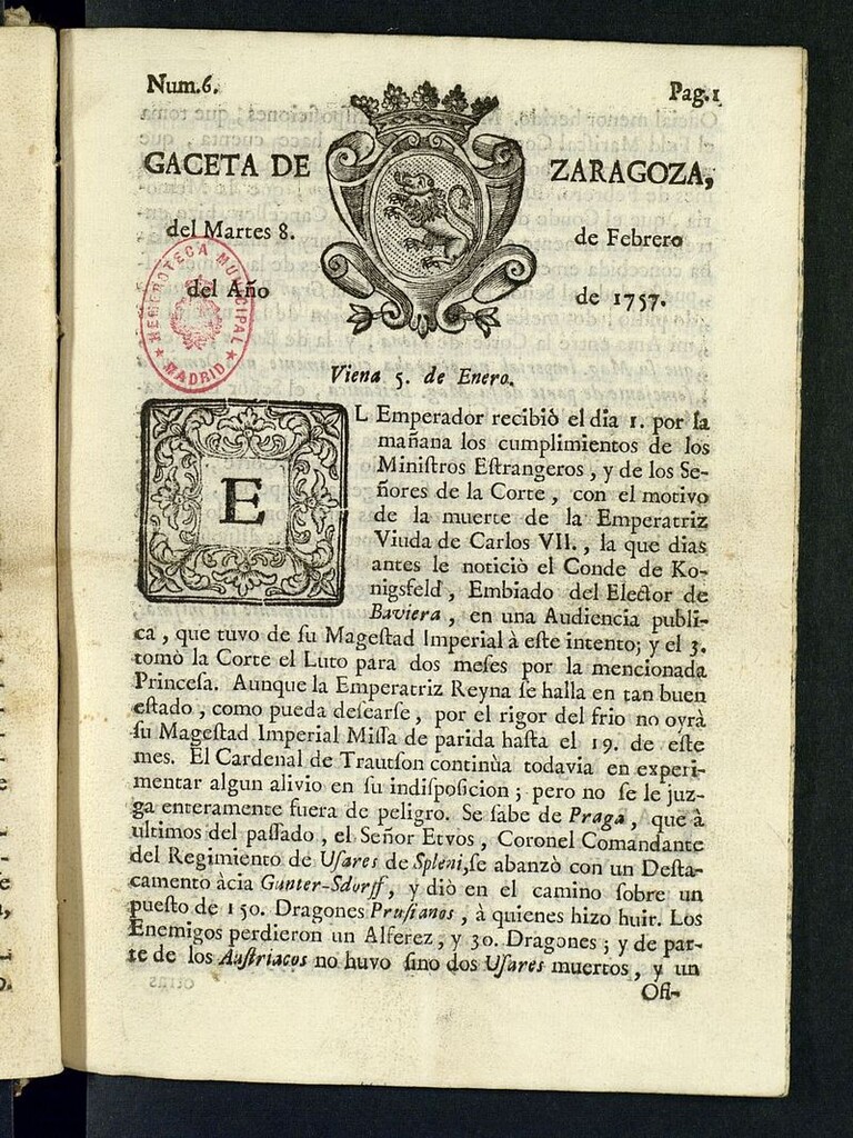 Miniatura de Gazeta de Zaragoza del 8 de febrero de 1757