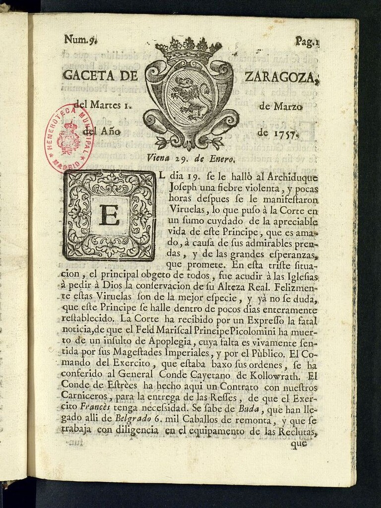 Miniatura de Gazeta de Zaragoza del 1 de marzo de 1757