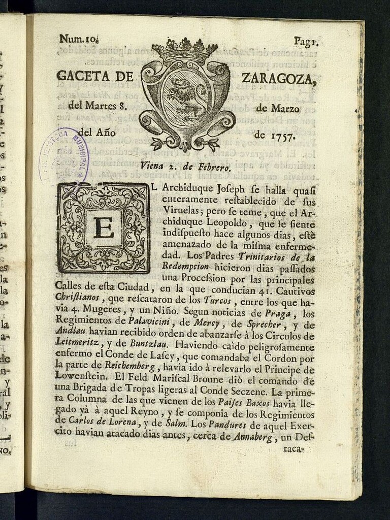 Miniatura de Gazeta de Zaragoza del 8 de marzo de 1757