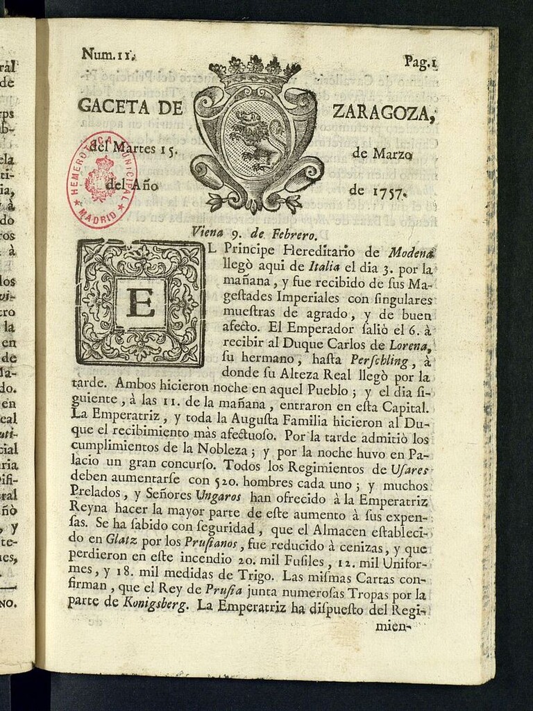 Miniatura de Gazeta de Zaragoza del 15 de marzo de 1757
