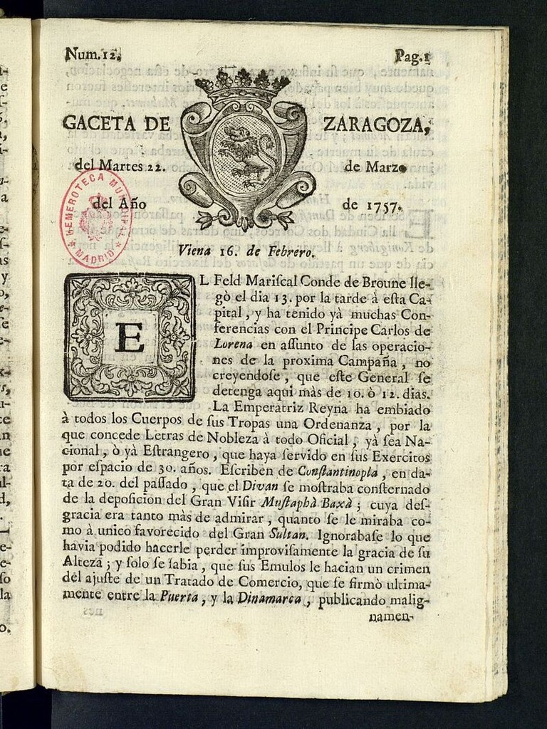 Miniatura de Gazeta de Zaragoza del 22 de marzo de 1757