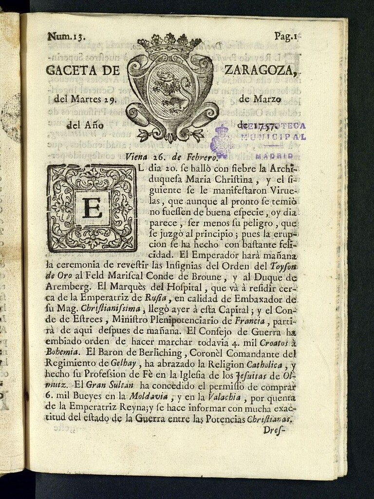 Miniatura de Gazeta de Zaragoza del 29 de marzo de 1757