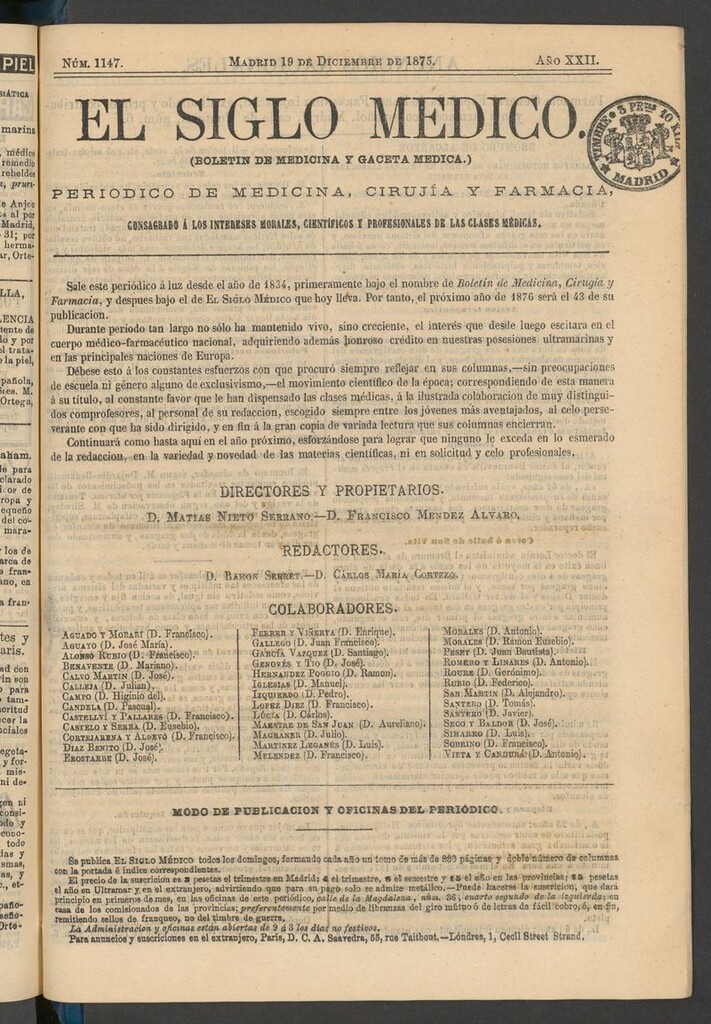 Miniatura de El Siglo Médico: boletín de medicina y gaceta médica del 19 de diciembre de 1875