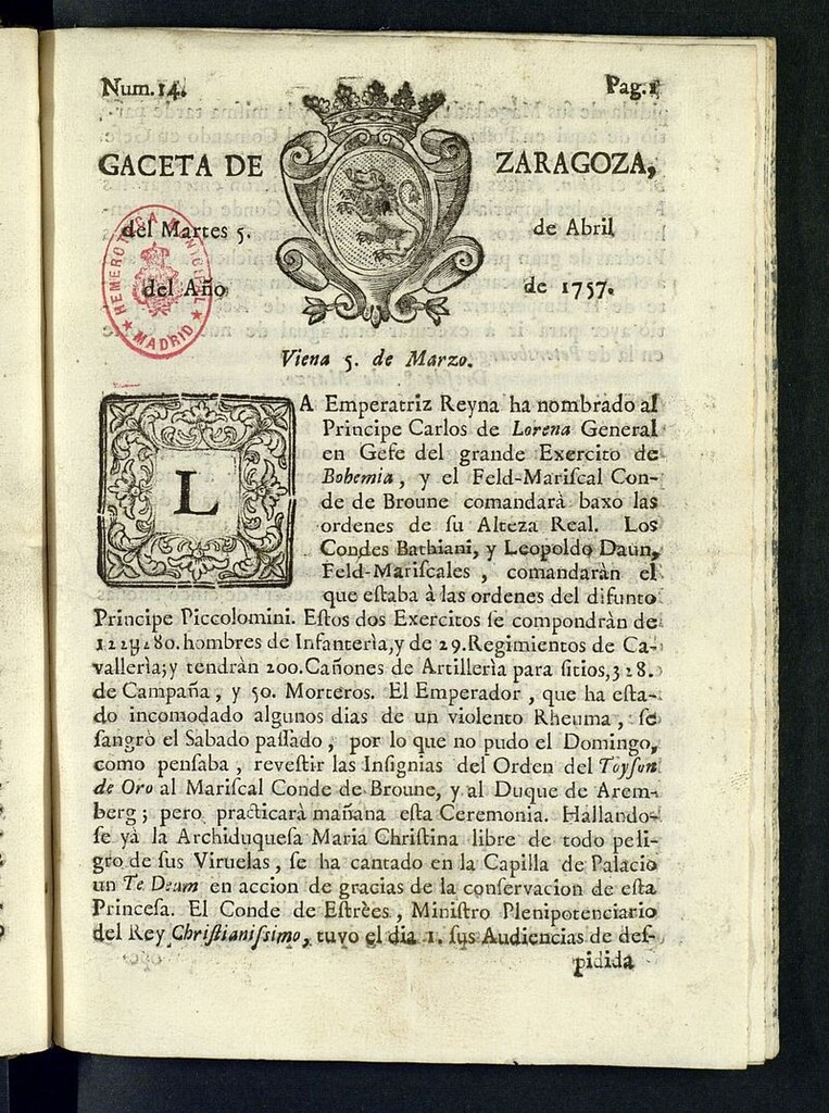 Miniatura de Gazeta de Zaragoza del 5 de abril de 1757