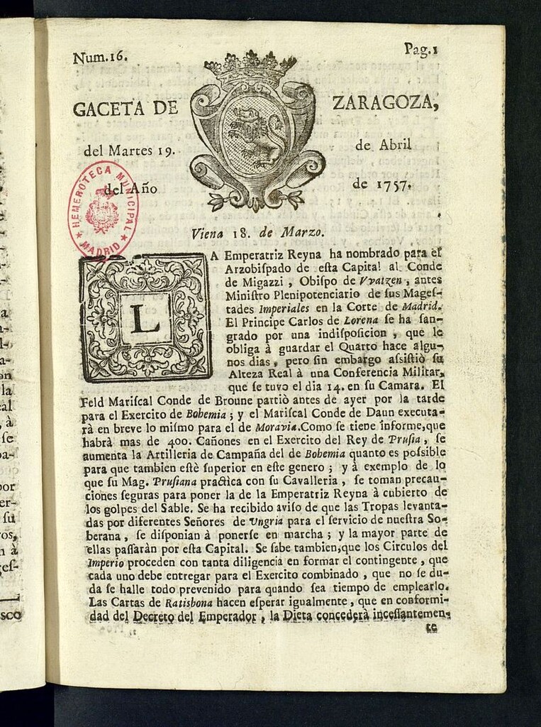 Miniatura de Gazeta de Zaragoza del 19 de abril de 1757