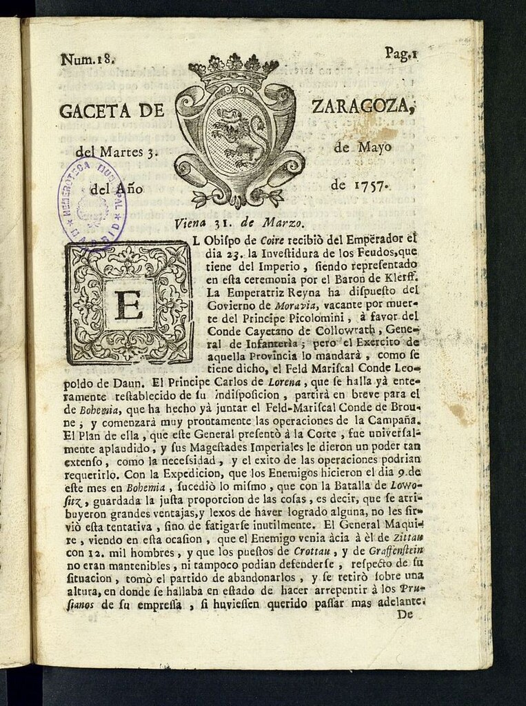 Miniatura de Gazeta de Zaragoza del 3 de mayo de 1757