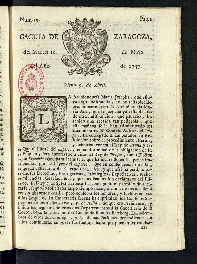 Miniatura de Gazeta de Zaragoza del 10 de mayo de 1757