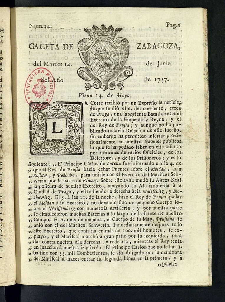 Miniatura de Gazeta de Zaragoza del 14 de junio de 1757