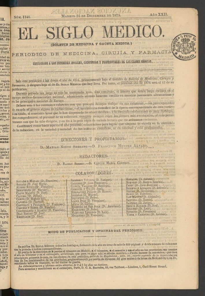 Miniatura de El Siglo Médico: boletín de medicina y gaceta médica del 26 de diciembre de 1875