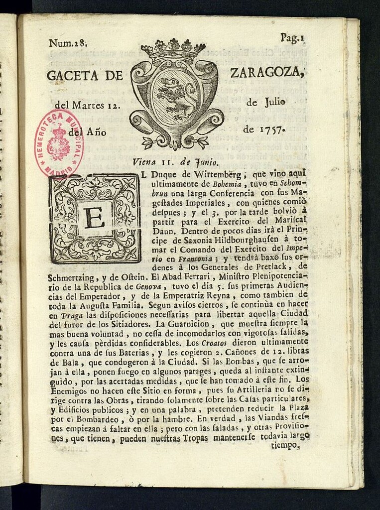Miniatura de Gazeta de Zaragoza del 12 de julio de 1757