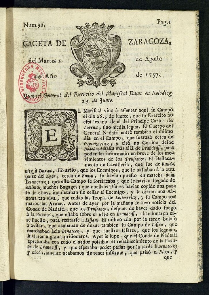 Miniatura de Gazeta de Zaragoza del 2 de agosto de 1757