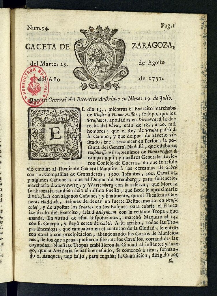Miniatura de Gazeta de Zaragoza del 23 de agosto de 1757